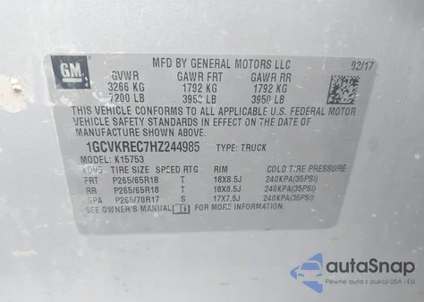 2017 Chevrolet Silverado 1500 1Lt из США, поврежденный, VIN 1GCVKREC7HZ244985